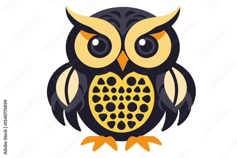 Naklejka premium Cute Cartoon Owl Illustration-Adorable Graphic Design-Black and Yellow Bird Art-Whimsical Animal Image-Children's Book Illustration-Owl Clipart Design