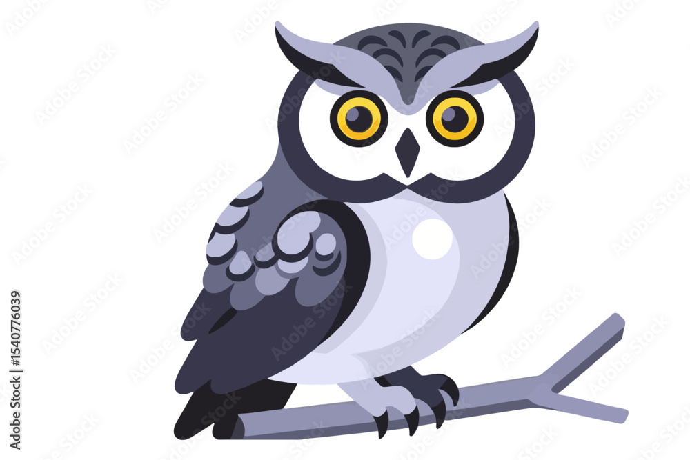 Obraz premium Cute Cartoon Owl Illustration-Gray and White Owl Perched on a Branch-Animal Vector Art-Owl Clip Art for Kids-Wildlife Illustration with Big Eyes