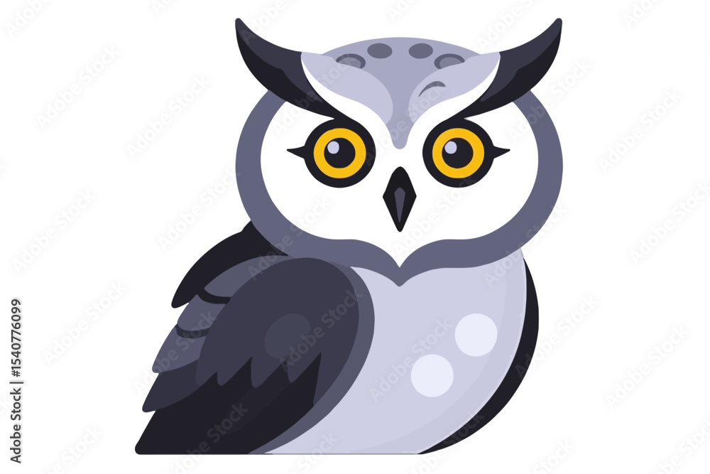 Fototapeta premium Cute Cartoon Owl Illustration-Grey Owl with Yellow Eyes-Adorable Bird Graphic for Kids-Animal Vector Art-Owl Character Design for Education