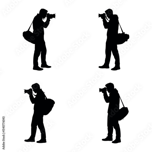 Silhouette set of male photographers with shoulder bags taking photos with camera
