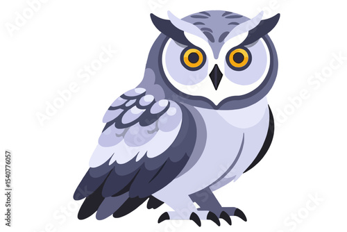 Cute Cartoon Owl Illustration-Gray Owl with Big Yellow Eyes-Adorable Owl Vector Image for Kids Designs and Educational Materials