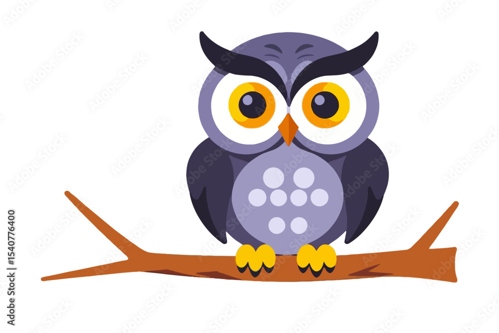 Fototapeta premium Cute Cartoon Owl on Branch- Whimsical Bird Illustration- Adorable Animal Graphic- Perfect for Kids Designs- Owl Vector Art- Nature Clip Art- Educational Image