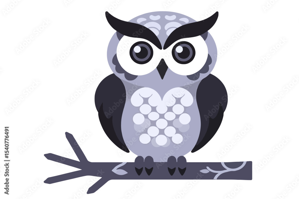 Obraz premium Cute Cartoon Owl Perched on a Branch-Whimsical Owl Illustration for Kids-Adorable Owl Vector Image-Perfect for Children's Designs and Educational Materials