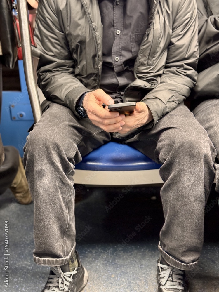 A commuter uses a smartphone on the subway during their journey in the busy city. A commuter deeply engrossed in using his smartphone while traveling on a crowded subway train during rush hour A commuter uses a smartphone on the subway during their journey in the busy city. A commuter deeply engrossed in using his smartphone while traveling on a crowded subway train during rush hour