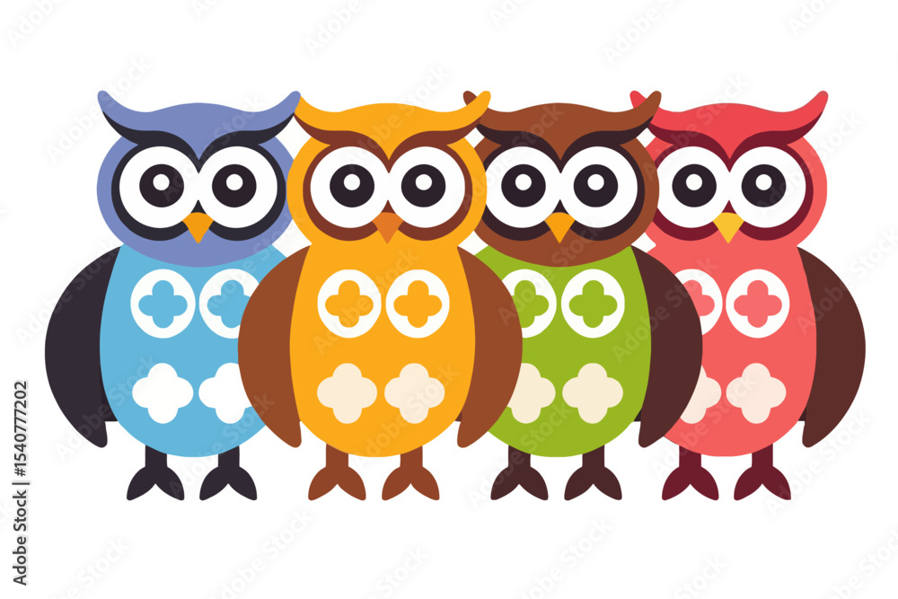 Fototapeta premium Cute Cartoon Owls Illustration-Colorful Owl Vector Graphic-Owl Clip Art Design for Kids-Fun Owl Decoration Element-Whimsical Owl Characters