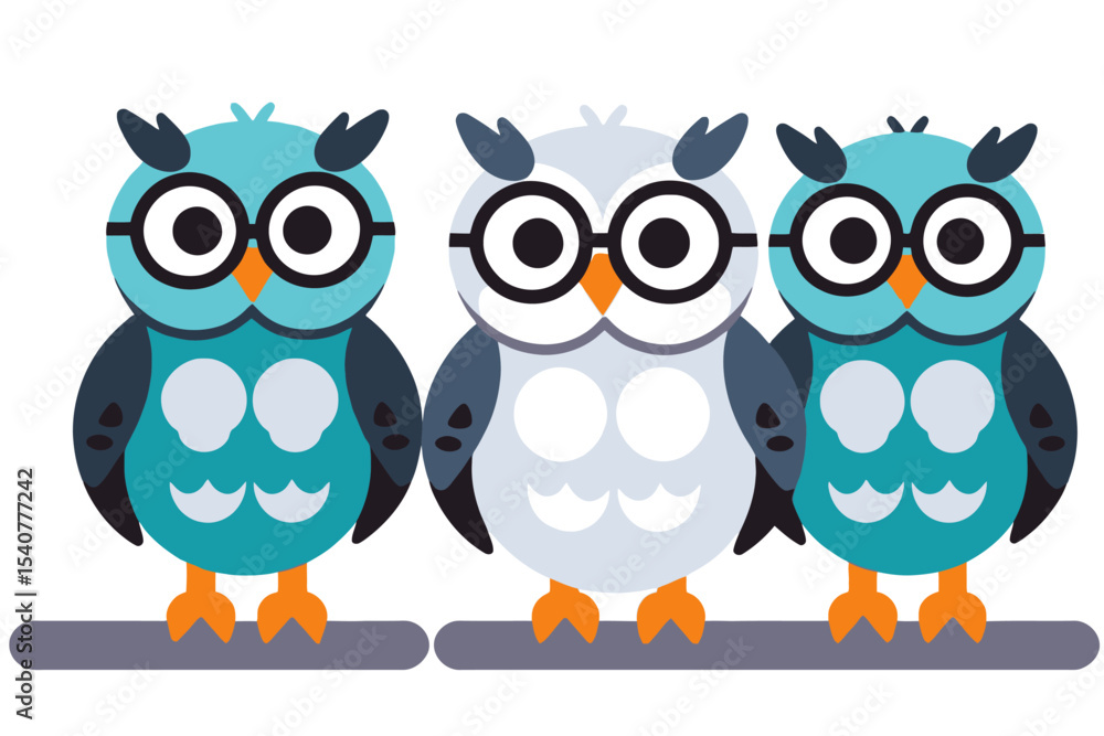 Fototapeta premium Cute Cartoon Owls Illustration-Three Smart Owls with Glasses-Educational and Whimsical Design-Perfect for Kids and Learning Materials-Colorful and Engaging Artwork