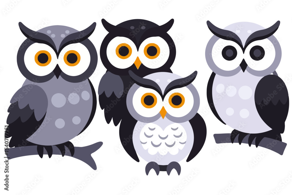 Obraz premium Cute Cartoon Owls Illustration-Whimsical Owl Family Clipart-Fun Owl Graphics for Kids-Owl Themed Designs-Adorable Birds with Big Eyes-Night Owls Clip Art