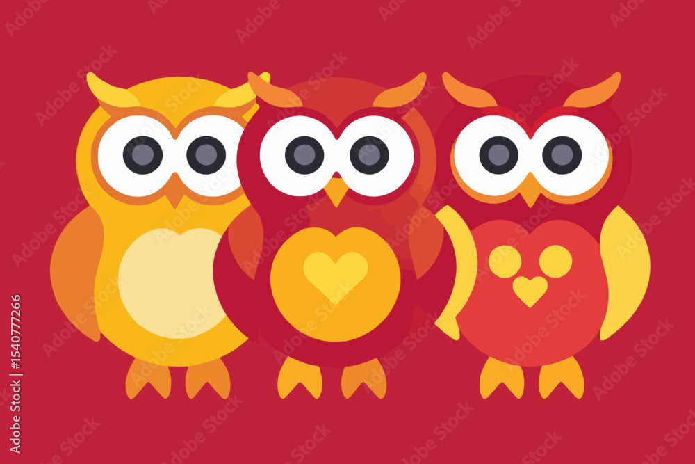 Fototapeta premium Cute Cartoon Owls Illustration-Whimsical Owl Trio on Red Background-Adorable Vector Art for Kids-Friendly Owl Characters Design