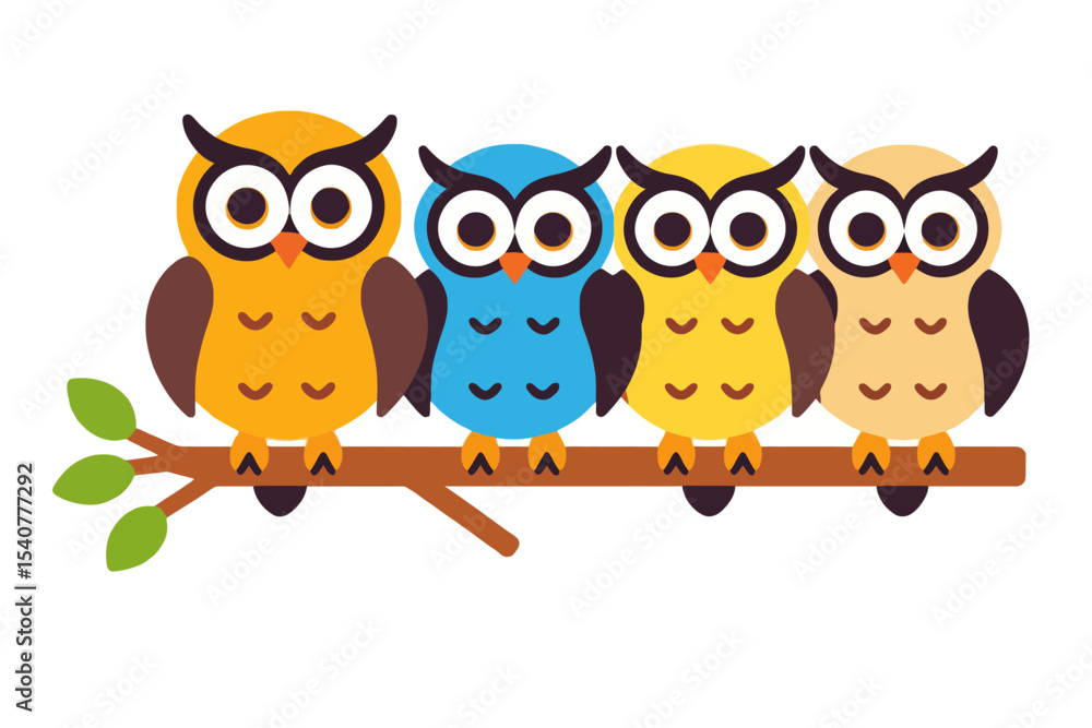 Fototapeta premium Cute Cartoon Owls on a Branch Illustration- Colorful Owls Vector Design- Ideal for Kids Room Decor- Educational Owl Art- Whimsical Animal Illustration