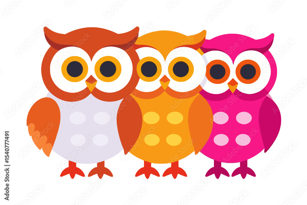 Fototapeta premium Cute Colorful Owls Illustration-Whimsical Owl Trio-Owl Cartoon Character-Funny Owl Bird Image-Playful Animal Clipart