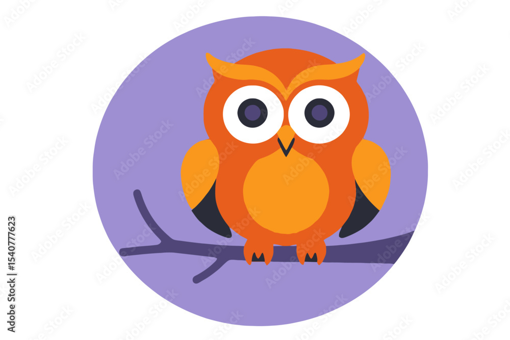 Fototapeta premium Cute Orange Owl on Branch Vector Illustration- Whimsical Bird Art for Kids- Playful Animal Design on Purple Background- Cartoon Owl Graphic for Children