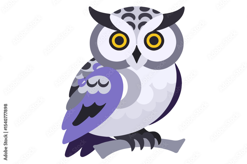 Fototapeta premium Cute Owl Illustration-Cartoon Bird with Yellow Eyes-Perched on a Branch-Wildlife Art-Modern Graphic Owl Design-Animal Clipart Image-Nature Illustration-Owl Lover Gift