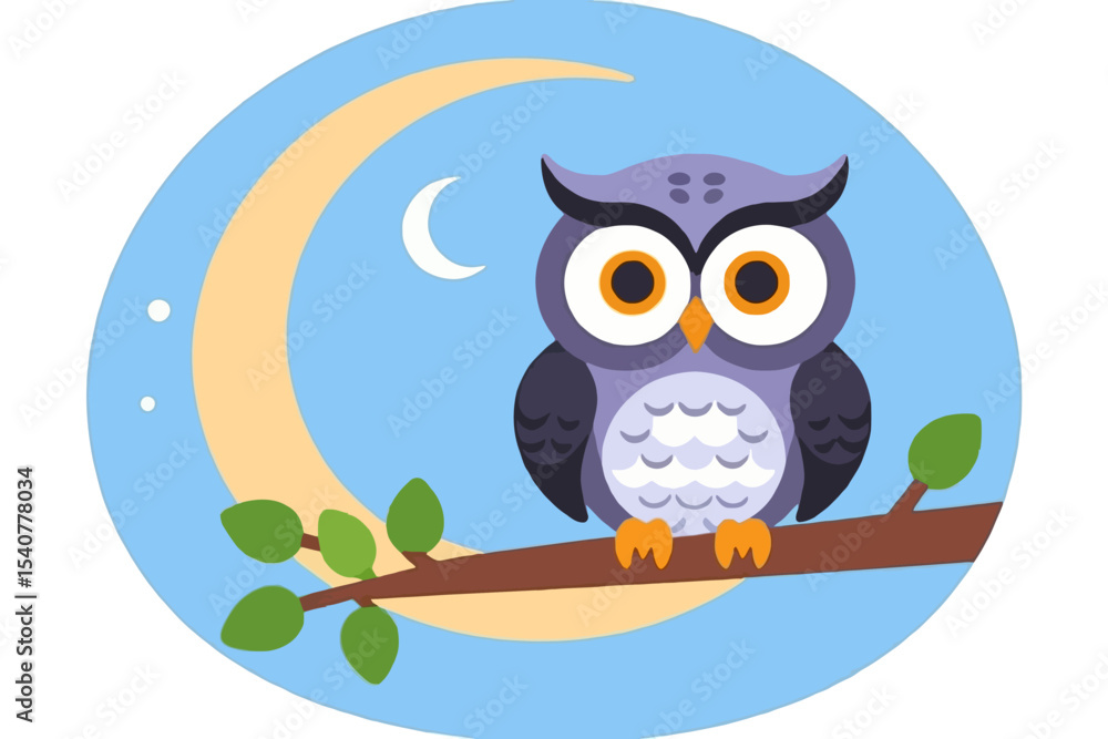 Obraz premium Cute Owl Perched on a Branch Under the Crescent Moon at Night-Whimsical Illustration of an Owl in a Nighttime Scene-Perfect for Children's Decor and Educational Materials
