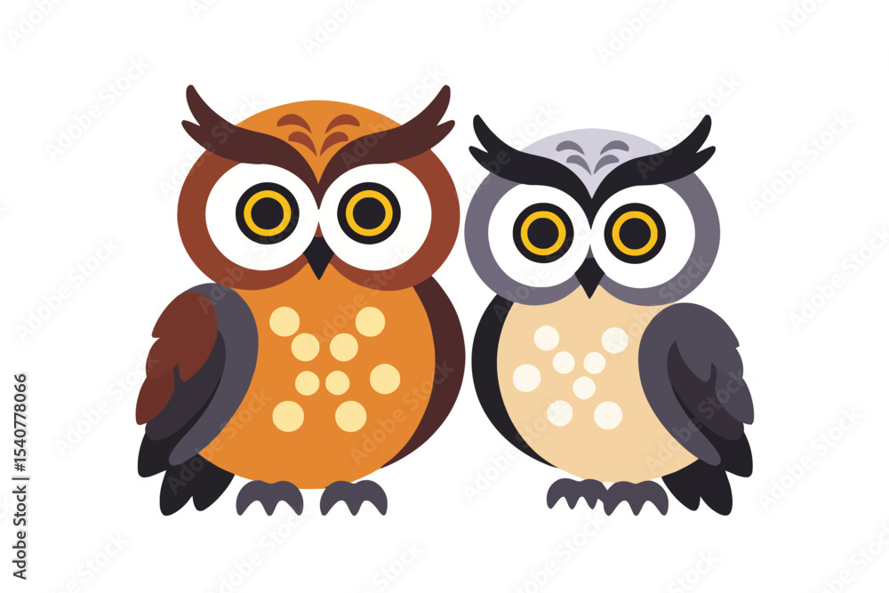 Obraz premium Cute Owl Vector Illustration-Pair of Cartoon Owls with Big Eyes-Adorable Animal Design-Perfect for Children's Art-Owl Graphic for Educational Resources