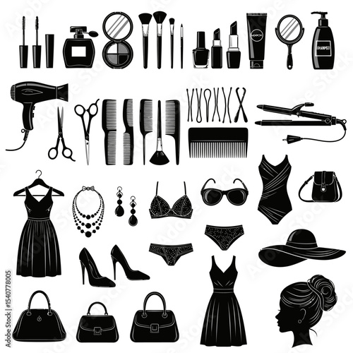 Collection of fashion beauty and personal care items in black silhouette on a white background