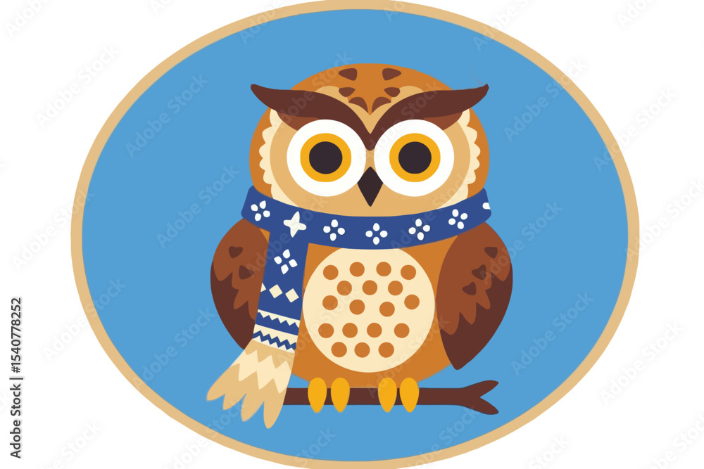 Fototapeta premium Cute Cartoon Owl with Scarf Illustration-Owl on Branch Art-Fun Educational Owl Design-Whimsical Owl Character for Kids Projects-Illustration of KSEQA IZZLIA CALIYA
