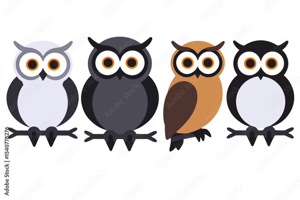 Fototapeta premium Four Owls on a Branch-Cute Cartoon Birds-Owl Illustration for Kids-Unique Owl Design-Ideal for Children's Books-Adorable and Colorful Owls-Wildlife Clip Art