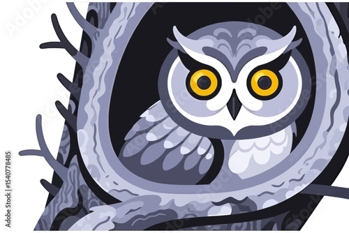 Stylized Owl in Tree Hollow Illustration-Cute Owl with Yellow Eyes Art-Nature Inspired Wall Decor-Owl Graphic Design for Print-Vector Owl Illustration