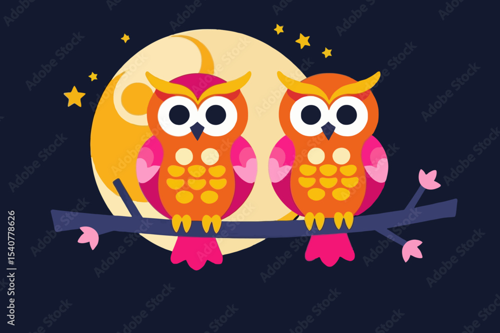 Fototapeta premium Two Owls in Love Under the Moon- Whimsical Night Scene with Cute Owls on a Branch- Adorable Owl Illustration for Kids and Nursery Decor