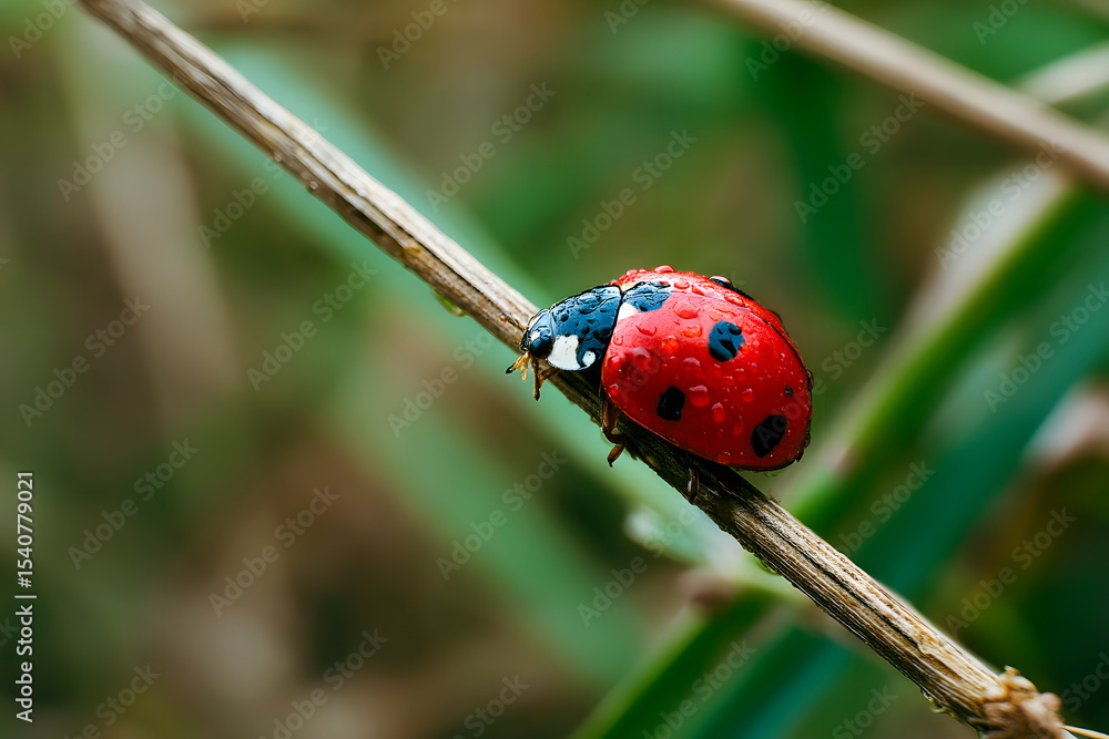 Fototapeta premium Red ladybug with distinct black spots crawling along a slender, dewy branch, showcasing the vibrant beauty of springtime nature