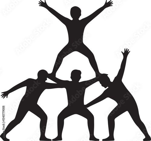 Dynamic human pyramid teamwork and balance silhouette vector art