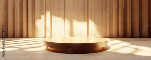 Sunlit Wooden Round Podium Mockup, Product Display, Minimalist Background Product Showcase, Display Stand