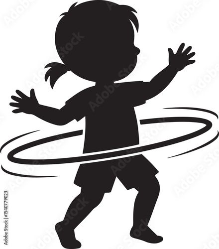 Girl with hula hoop silhouette, playful child and fitness activity