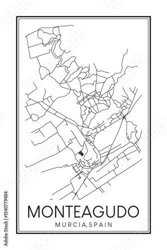 Hand drawn printable downtown road map poster of district MONTEAGUDO of the Spanish city of MURCIA on solid white background with city name