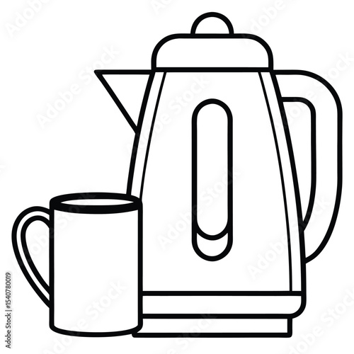 Electric kettle and mug outline illustration isolated on white background