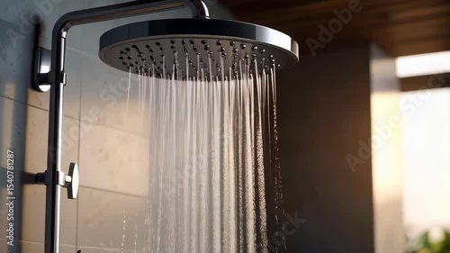 Close up of modern shower head with running water in contemporary bathroom with sunlight filtering through window.