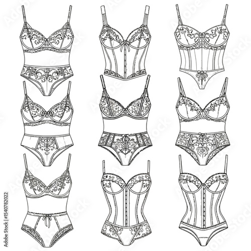 Collection of fashion lingerie sketches featuring bras corsets and matching panty designs in black and white
