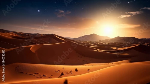 Immense sand dune landscape at dusk featuring stars in the sky and a distant mountain range and warm sunset colors