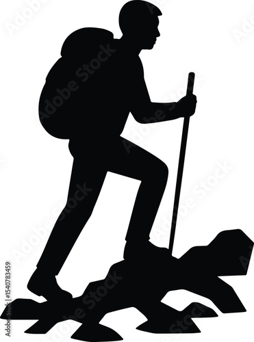 Silhouette hiker climbs rock with hiking pole vector illustration