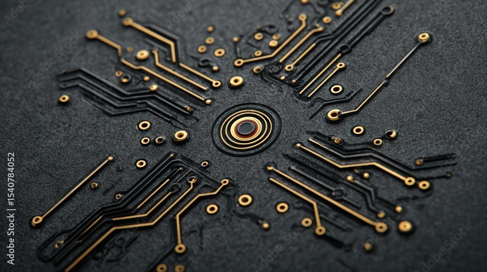 Fototapeta premium Gold engraved circuit pattern on matte black surface, macro detail showing intricate electronic design, modern technology, abstract background, futuristic and elegant style