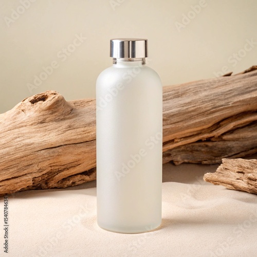 Frosted Glass Bottle with Silver Cap on Sand