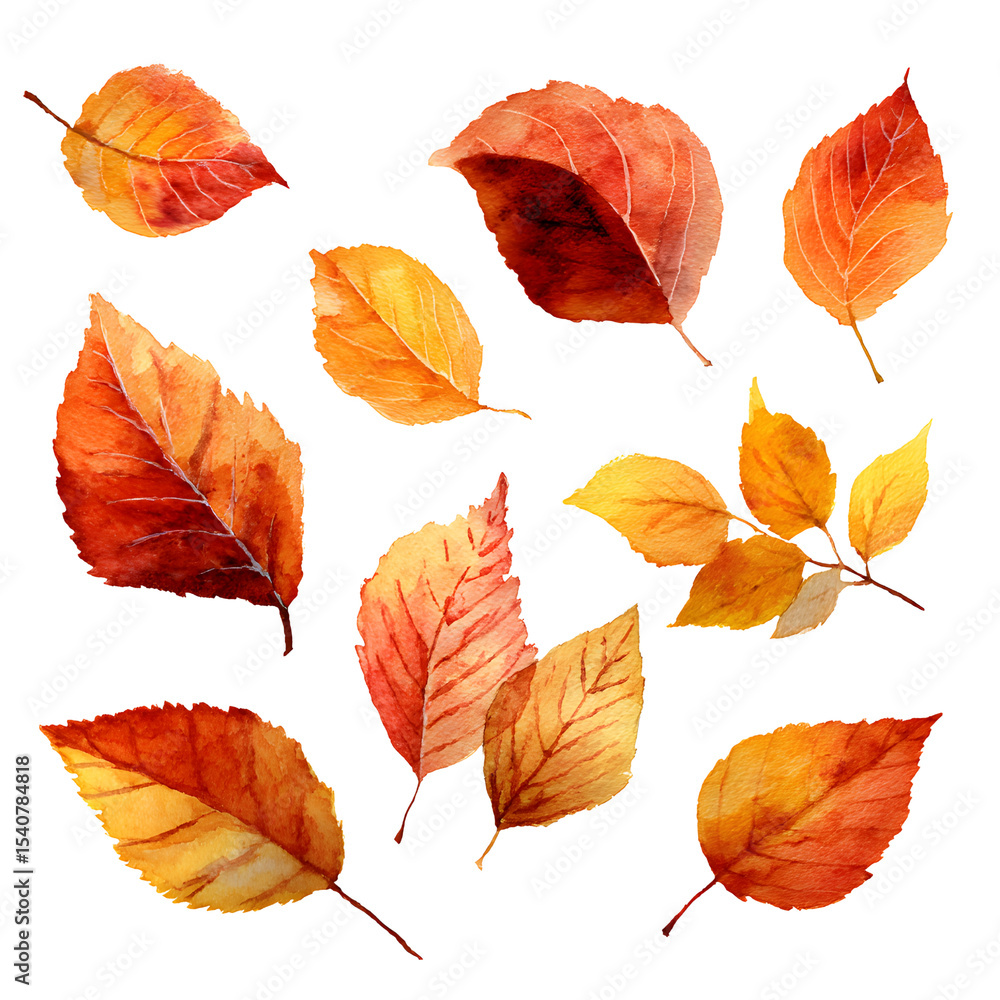 Obraz premium Autumn Watercolor Leaves Collection Vibrant Fall Foliage for Design Projects
