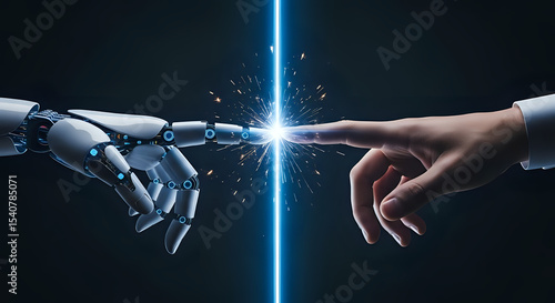 A robot hand and a human hand touching fingers with a bright light between them on dark background