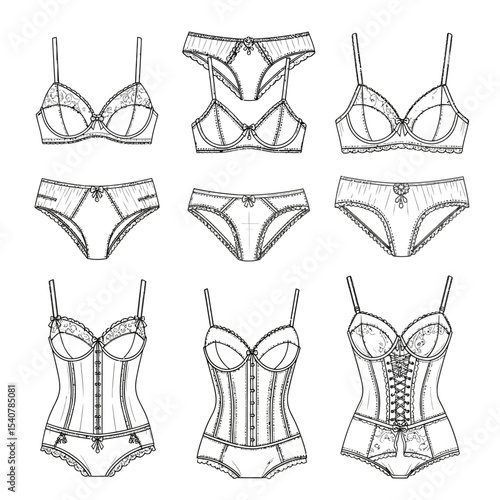 Assortment of lingerie sketches featuring bras panties and corsets in a line art style on a white background
