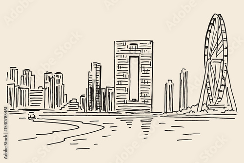 Dubai skyline with ferris wheel sketch vector illustration

