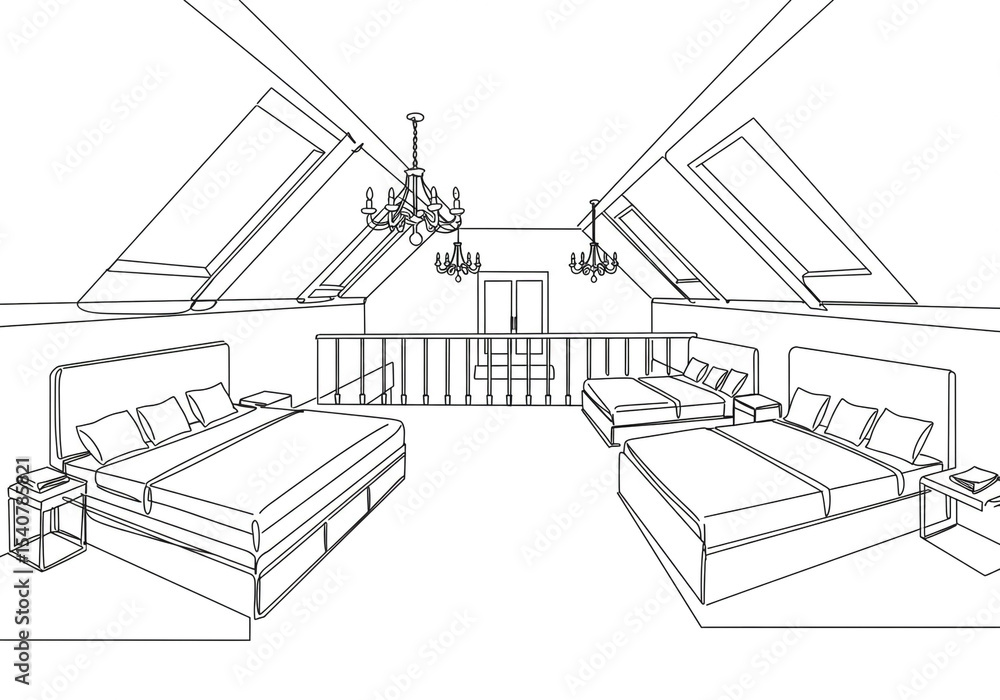 Fototapeta premium Line drawing of an attic bedroom with multiple beds, chandeliers, and skylights in a minimalist style