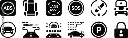Monochrome Car Safety and Vehicle Icon Set – Vector Illustrations of ABS, Lane Assist, SOS, and Parking Symbols for Automotive and Traffic Designs