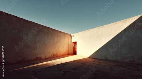 Sharp architectural corner in natural light, strong shadow, textured concrete wall, minimalistic outdoor space, warm sunlight, geometric shapes, tranquil atmosphere