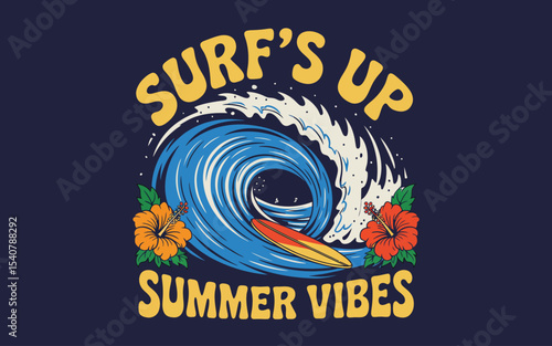 A retro-style surfing logo design with a dark teal background. The center features a large blue and white breaking wave with white foam and spray. Inside the wave's hollow is a golden sunset. A red an