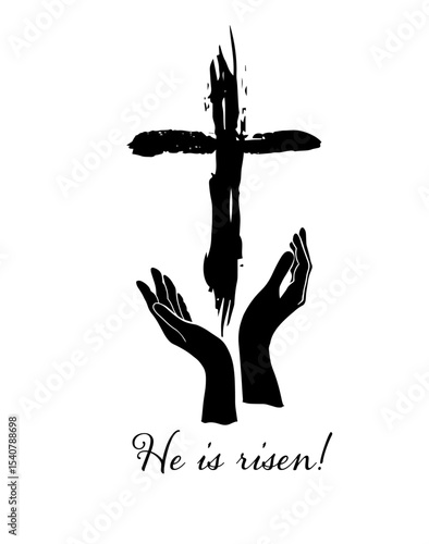 Abstraction of hands in prayer near a cross. He is risen hand drawn. Not AI, Vector.