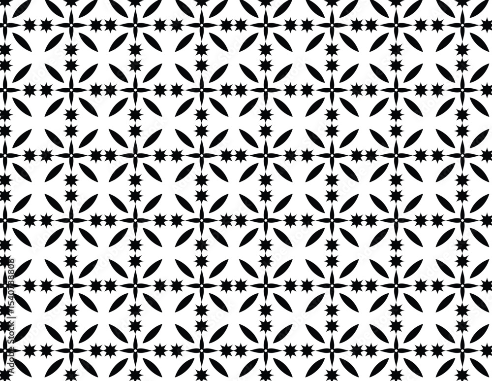 Seamless Black and White Geometric Starburst and Floral Pattern Seamless Black and White Geometric Starburst and Floral Pattern