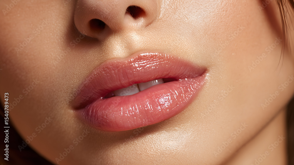 Naklejka premium Close-up of glossy natural pink lips with perfect skin. Beauty shot of a woman’s mouth with shiny lip gloss on a soft background.
