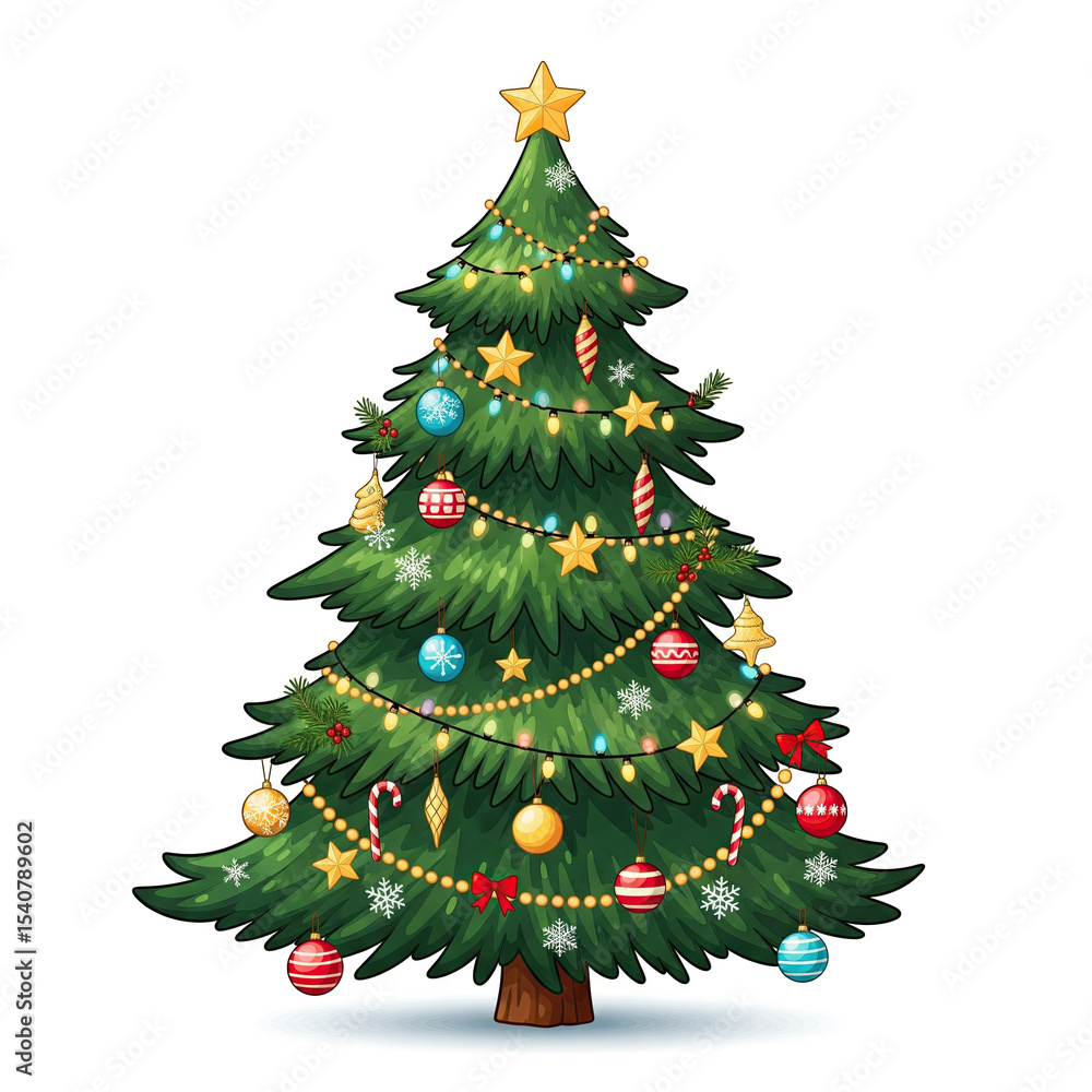 Snow covered Christmas tree in holiday celebration setting illustration Snow covered Christmas tree in holiday celebration setting illustration