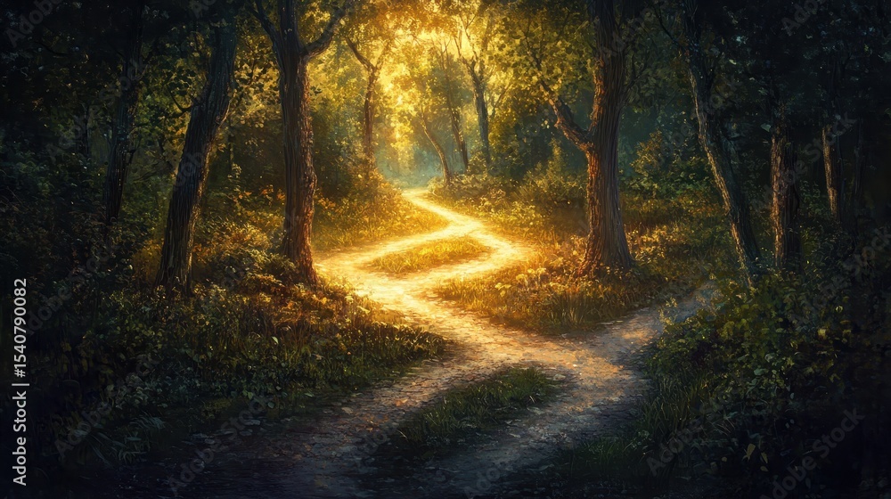 Obraz premium Golden Sunlight Illuminates a Winding Forest Path