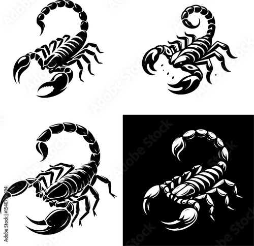 set of simple black and white vector of a scorpion in clean minimalist line art style.