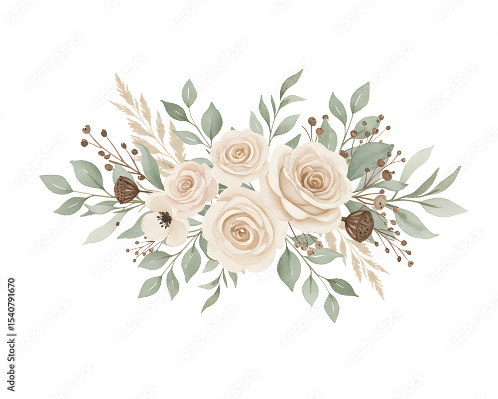 Fototapeta premium Cream And Beige Roses Watercolor Floral Arrangement With Green Leaves
